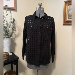 Evereve Small Black Eyelet Cutwork Button Up Top Collared Button Down